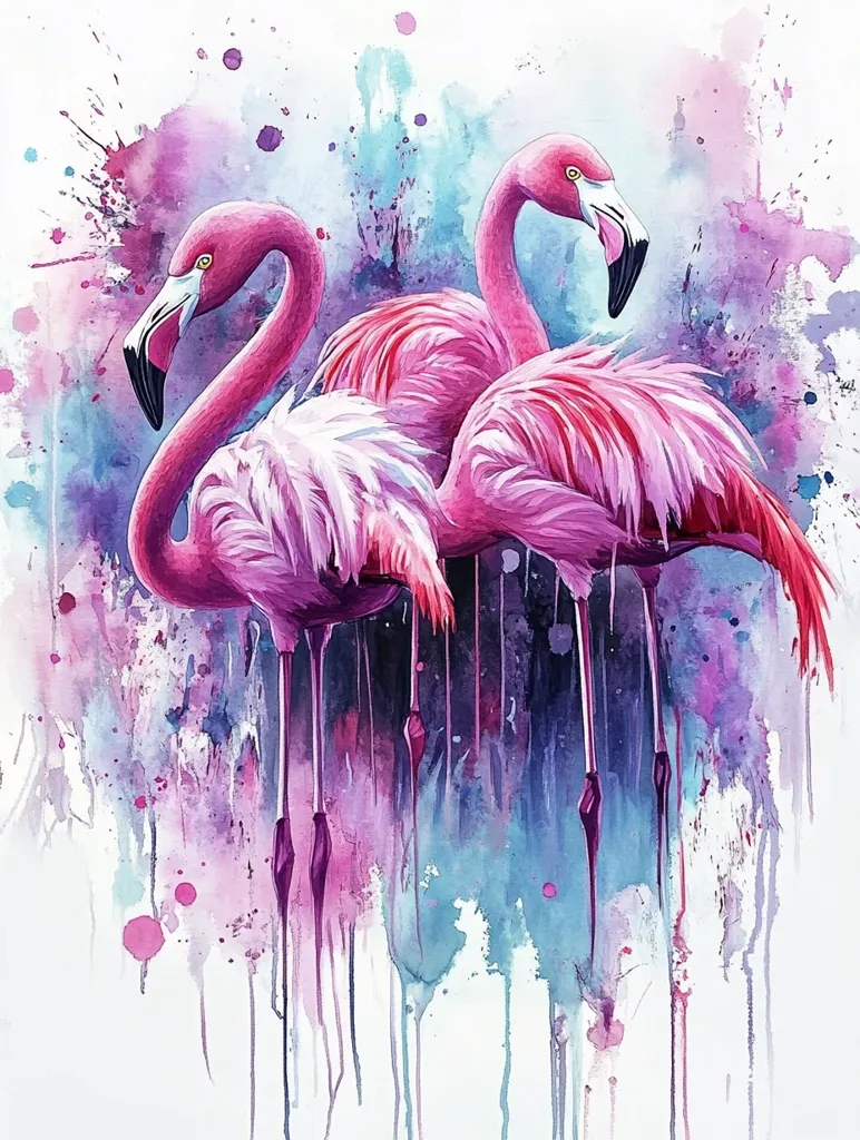 A watercolor painting depicts two flamingos in a vibrant, abstract style.  The birds are rendered in shades of pink, their feathers detailed against a backdrop of splashed blues, purples, and pinks. The overall effect is one of movement and energy, with the colors bleeding and dripping down the canvas, creating a dynamic and expressive artwork.  The flamingos are positioned closely, creating a sense of intimacy and connection.