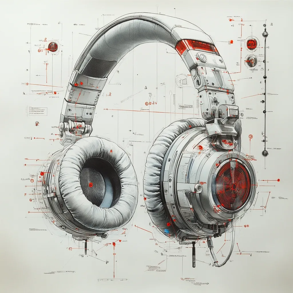 A detailed technical drawing of a futuristic pair of over-ear headphones dominates the artwork.  The headphones are rendered in grayscale with accents of red, appearing intricately designed and highly technological.  Surrounding the headphones are numerous diagrams, schematics, and annotations, suggesting a blueprint or design process. The style is reminiscent of engineering or architectural drawings.  The overall impression is one of precision and advanced technology.