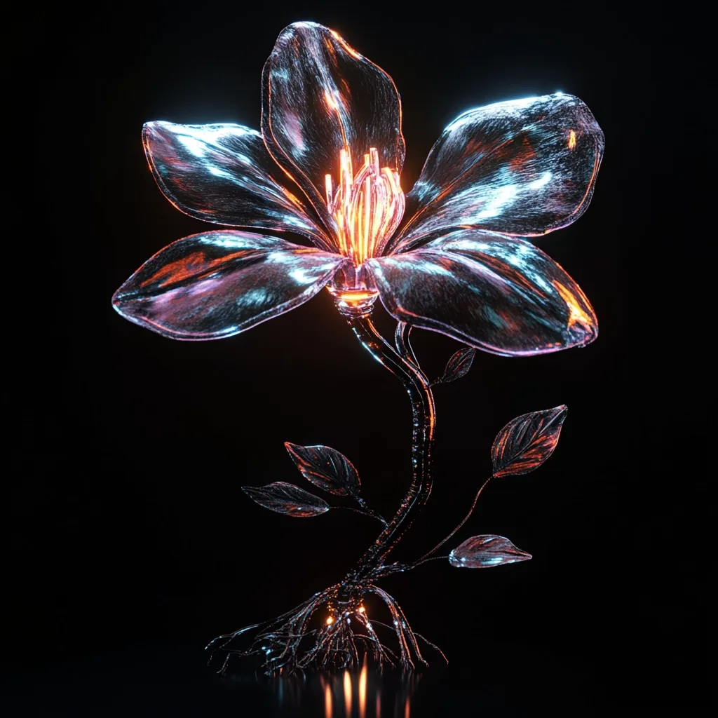 A digital rendering of a glass flower glows with inner light.  The petals are translucent, revealing an orange-hued core.  The stem and roots are metallic, adding contrast to the delicate glasswork.  The flower is set against a stark black background, emphasizing its ethereal beauty and intricate detail.  The image has a futuristic, almost otherworldly, quality.