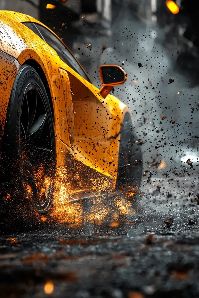 A vibrant yellow sports car, possibly a Lamborghini, is captured in motion.  Sparks and debris fly from its tires as it speeds along a dark, gritty road. The car's side is partially visible, showcasing its sleek design and mud splatters. The overall image is dramatic and high-energy, emphasizing speed and power.