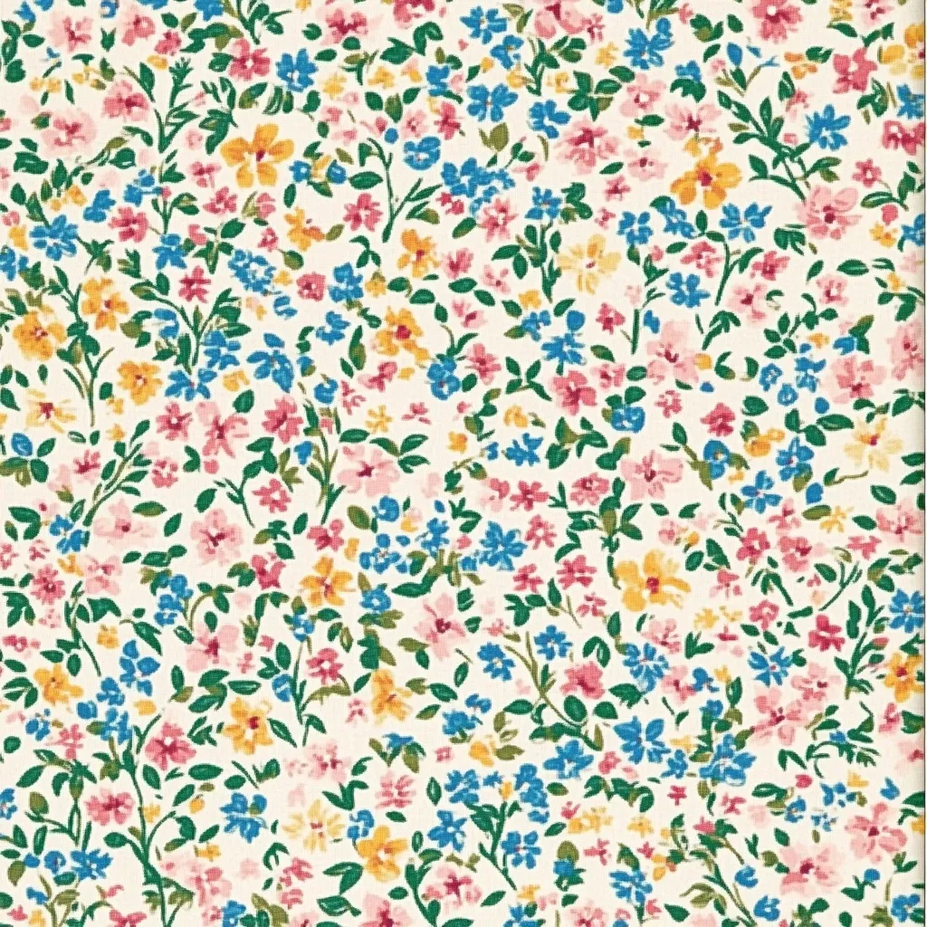 A dense, repeating pattern of small flowers on a cream background.  The floral design features blue, pink, and yellow blossoms with green stems and leaves.  It's a classic, delicate print suitable for fabric, wallpaper, or other decorative applications. The style is reminiscent of vintage floral patterns, creating a charming and nostalgic aesthetic.
