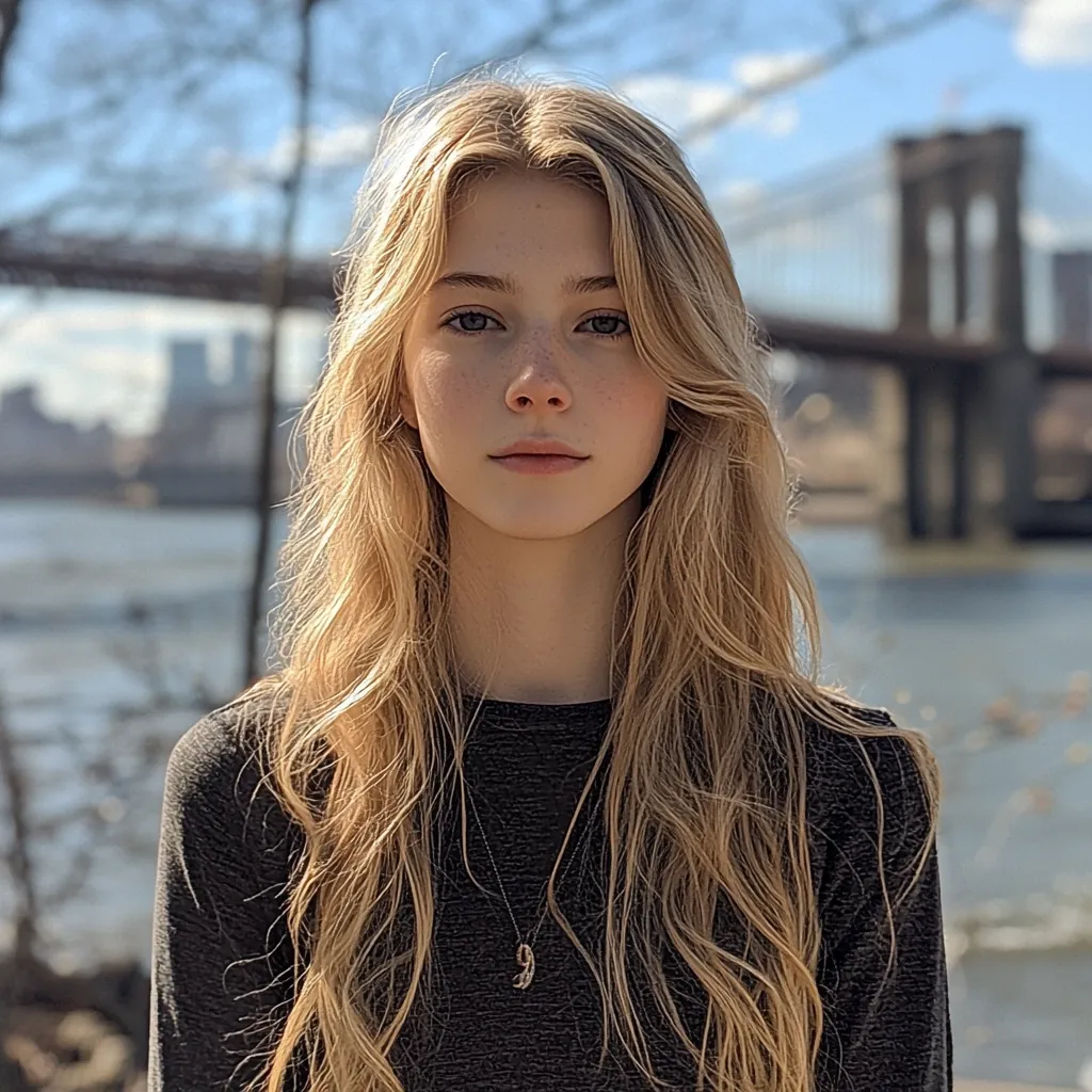 A young woman with long, light blonde hair stands outdoors, wearing a dark gray long-sleeved shirt and a delicate necklace.  She has fair skin and freckles, and her expression is serious and calm.  The background is softly blurred, showing a body of water and the Brooklyn Bridge in the distance under a sunny sky.