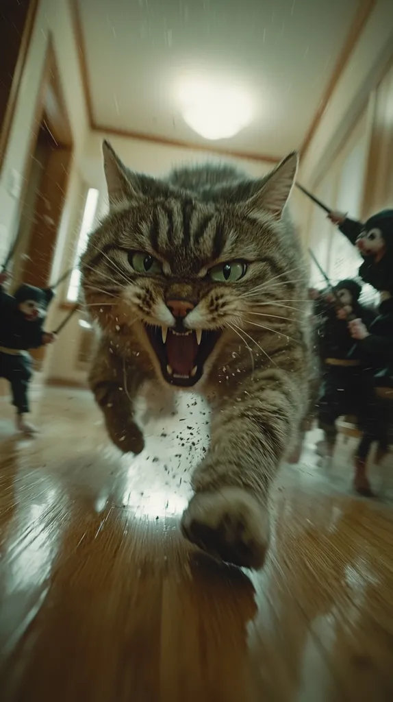 A fierce tabby cat charges down a hallway, its teeth bared in a ferocious growl.  Blurred figures of small, dark figures wielding sticks seem to be fleeing before the enraged feline. The perspective is low to the ground, emphasizing the cat's dominance and size.  The polished wooden floor reflects the intense scene, creating a dramatic effect.