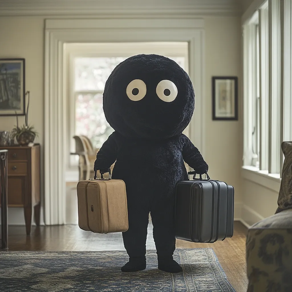 A black, furry creature with large, white eyes stands in a hallway, carrying two suitcases.  One suitcase is tan, the other black. The creature's round head and simple form suggest a childlike or cartoonish character. It stands in a well-lit, residential setting, possibly arriving or departing. The overall image evokes a sense of quiet travel or adventure.