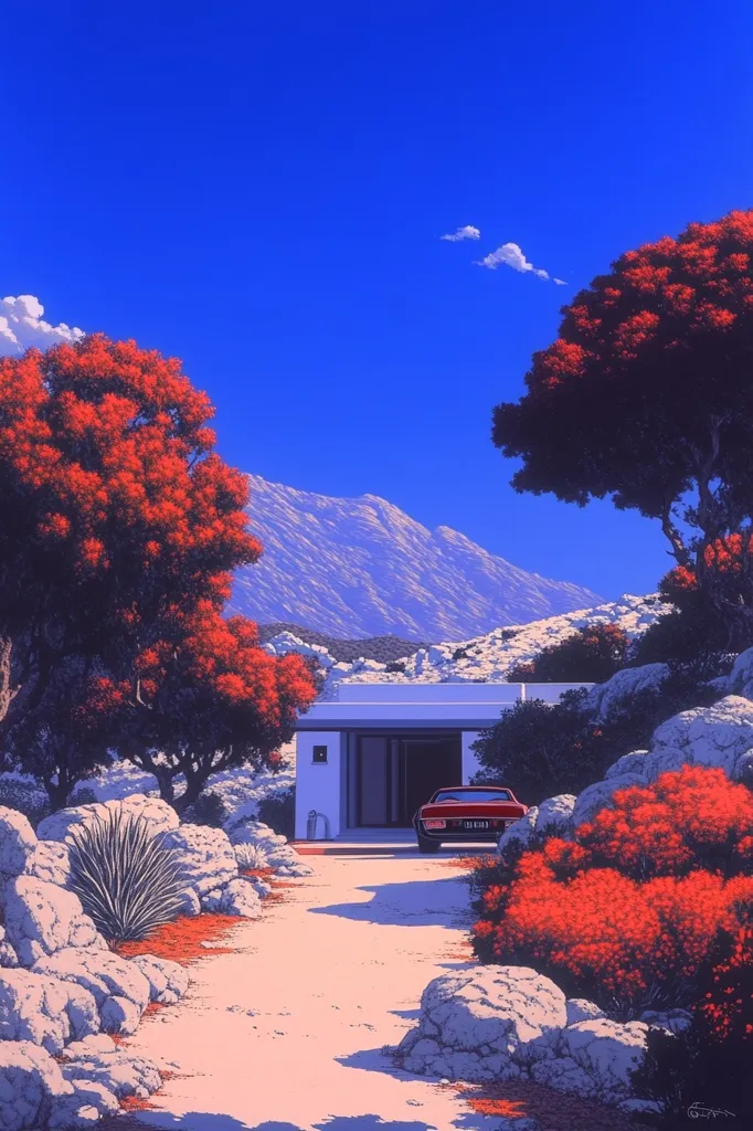 A vibrant digital painting depicts a serene landscape. A red classic car is parked in front of a minimalist white house nestled amidst rocky terrain.  Lush, crimson-colored trees and shrubs frame the scene, contrasting against a clear blue sky and distant purplish-blue mountains. The overall style is reminiscent of 1980s digital art, emphasizing bold colors and sharp lines.