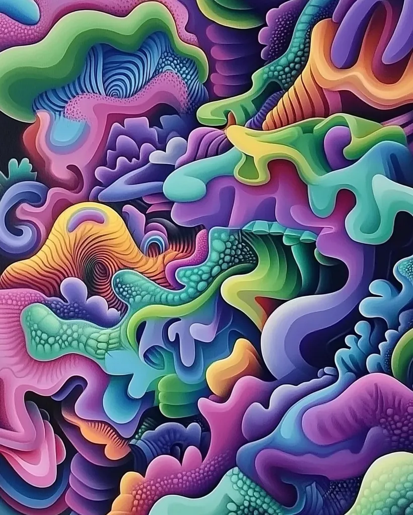 A vibrant abstract painting explodes with color and organic forms.  Swirling, textured shapes in shades of purple, green, orange, and blue intermingle, creating a psychedelic, almost three-dimensional effect. The artist uses bold, saturated hues and smooth gradients to build depth and visual interest within the complex composition.  The overall impression is one of energetic fluidity and boundless imagination.