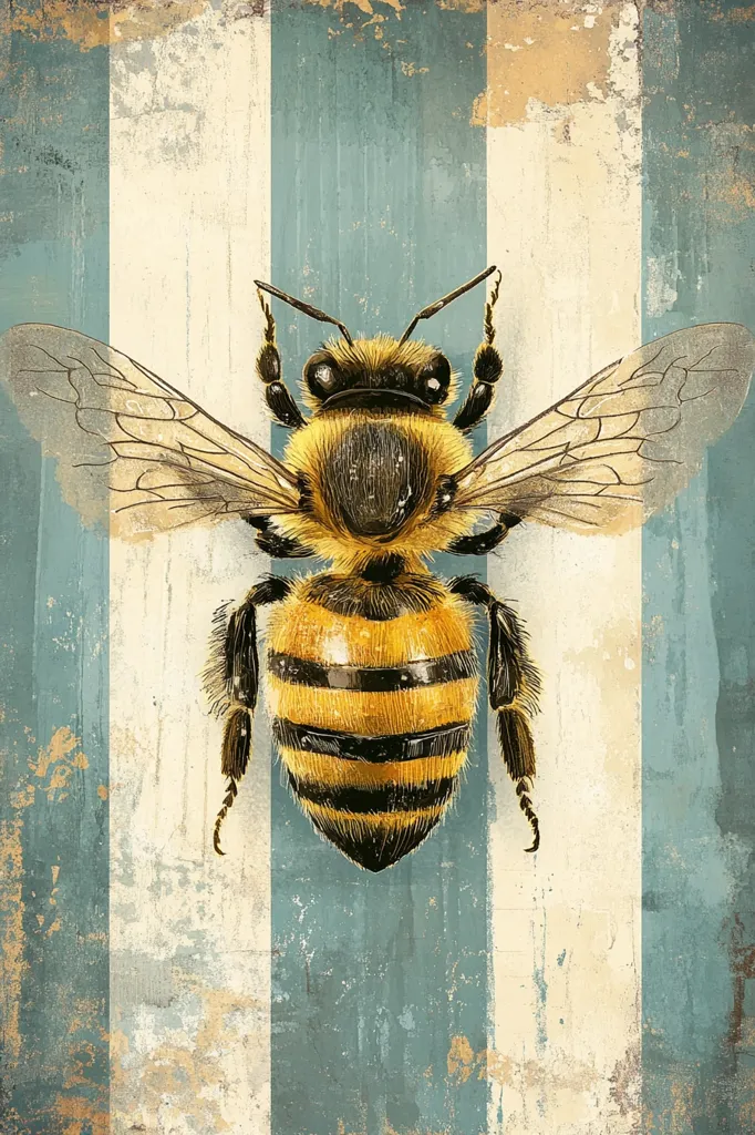 A detailed illustration of a honeybee is presented against a backdrop of distressed, vertically striped wallpaper. The wallpaper features alternating creamy off-white and muted teal stripes, lending a vintage aesthetic to the image.  The bee is centrally positioned, rendered with meticulous attention to detail, showing its hairy body and translucent wings.  The overall style evokes a rustic, possibly farmhouse, feel.