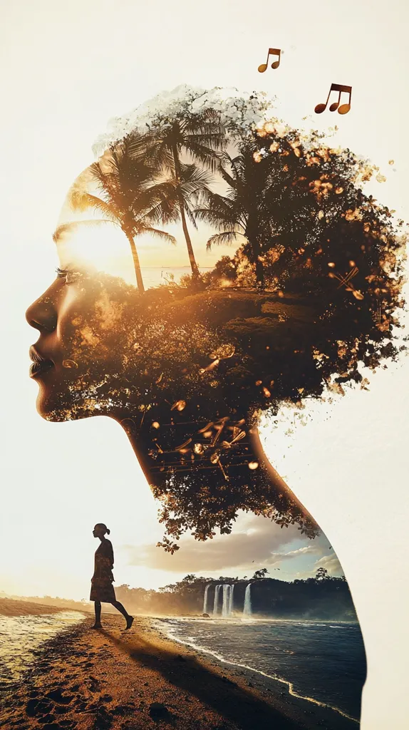 A double exposure image depicts a woman's profile superimposed with a tropical beach scene. Palm trees, a sunset, and a waterfall are visible within the silhouette of her head and shoulders.  Musical notes float near her head, suggesting a connection between nature, inner peace, and music.  A lone figure walks along the beach in the lower portion of the image. The overall effect is serene and dreamlike.
