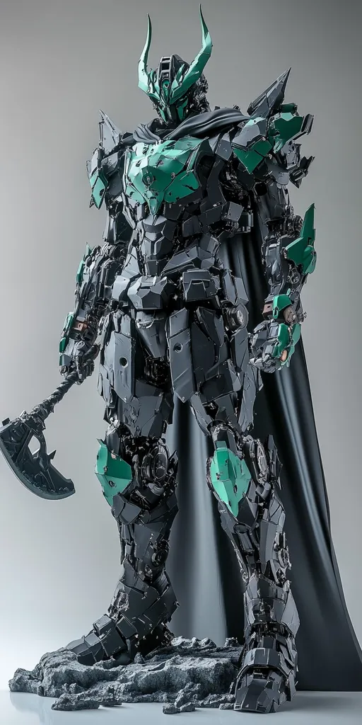 A meticulously detailed mecha figure stands majestically, its dark armor accented with teal highlights.  The figure wields a large axe and is adorned with a horned helmet and flowing cape.  Its complex, articulated design showcases intricate mechanical details, giving the impression of powerful, imposing strength.  The figure rests on a rocky base, enhancing its dramatic presence.