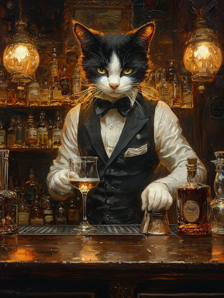 A tuxedo-clad black and white cat bartender stands behind a dimly lit bar, expertly pouring a drink.  The bar is stocked with various bottles, and warm lighting casts a rich glow on the scene.  The cat's serious expression and precise handling of the glassware create a whimsical yet sophisticated atmosphere.  A bottle of whiskey rests on the counter, adding to the bar's ambiance.