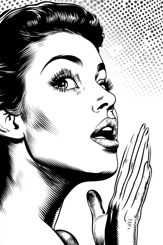 A black and white illustration of a woman's face, rendered in a style reminiscent of vintage comic books. Her expression is one of surprised delight or whispered excitement, her eyes wide and mouth slightly open.  Her hand gently touches her cheek, enhancing the sense of intimacy and wonder. The background features a halftone pattern, typical of pop art.
