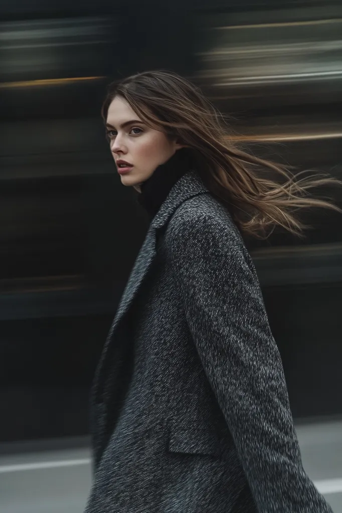 A young woman with long brown hair walks past a blurred background.  She wears a dark grey, textured overcoat over a black turtleneck.  Her expression is serious, her gaze directed away from the camera. The motion blur suggests movement and speed, creating a dynamic and stylish image.