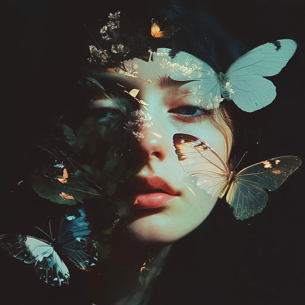 A surreal portrait of a young woman's face partially obscured by foliage and overlaid with translucent butterflies.  The image blends nature and human form, creating a dreamy, ethereal effect.  Soft lighting and muted tones enhance the mystical and otherworldly feel.  The butterflies, varying in size and color, appear delicate and weightless against the woman's skin.