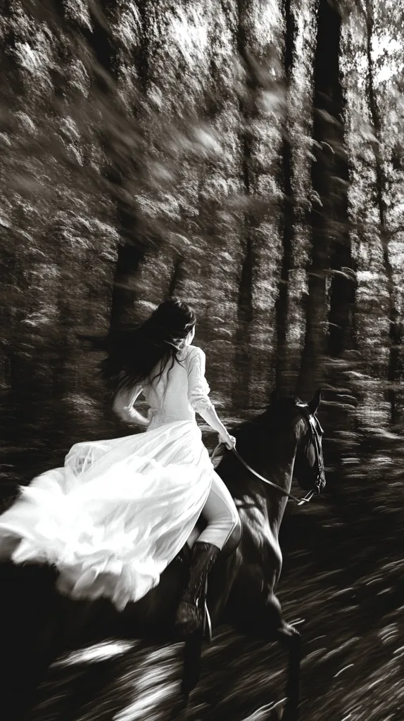 A black and white image depicts a woman in a flowing white dress riding a horse at a rapid pace through a forest.  The trees blur into streaks, emphasizing the speed. The woman's long dark hair streams behind her, adding to the sense of motion. The overall effect is one of ethereal beauty and dramatic movement.