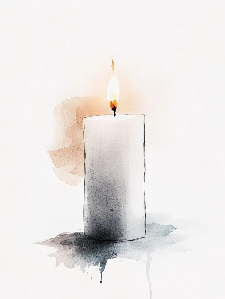 A watercolor painting depicts a single candle, its flame a delicate touch of orange and yellow.  The candle itself is rendered in soft grays and whites, with subtle shading suggesting depth.  The background is a wash of pale peach and beige, creating a serene and contemplative mood.  The overall style is minimalist and evocative.