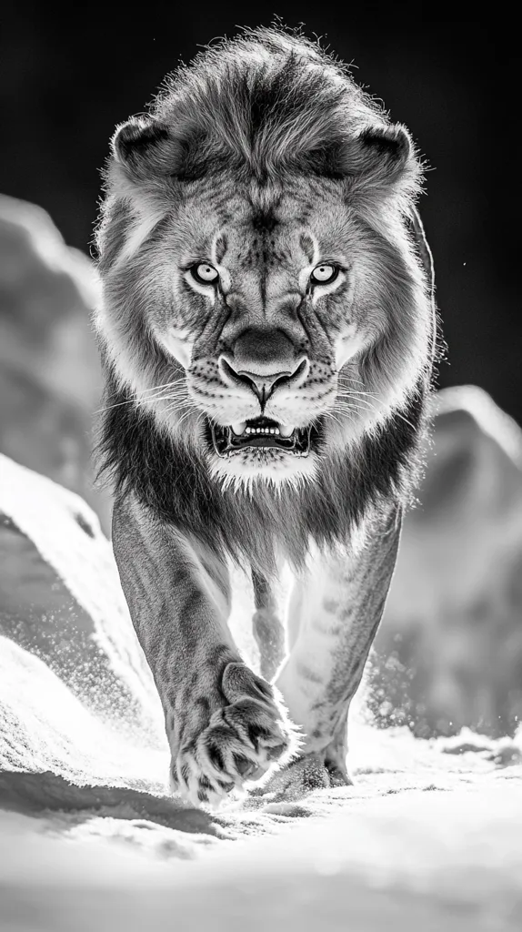 A majestic lion, captured in a striking black and white photograph, strides purposefully through a snowy landscape.  Its powerful gaze is directed straight ahead, its mane thick and imposing.  The image emphasizes the lion's strength and regal presence against the stark white backdrop, creating a dramatic contrast. The focus is sharp, highlighting the details of its fur and piercing eyes.