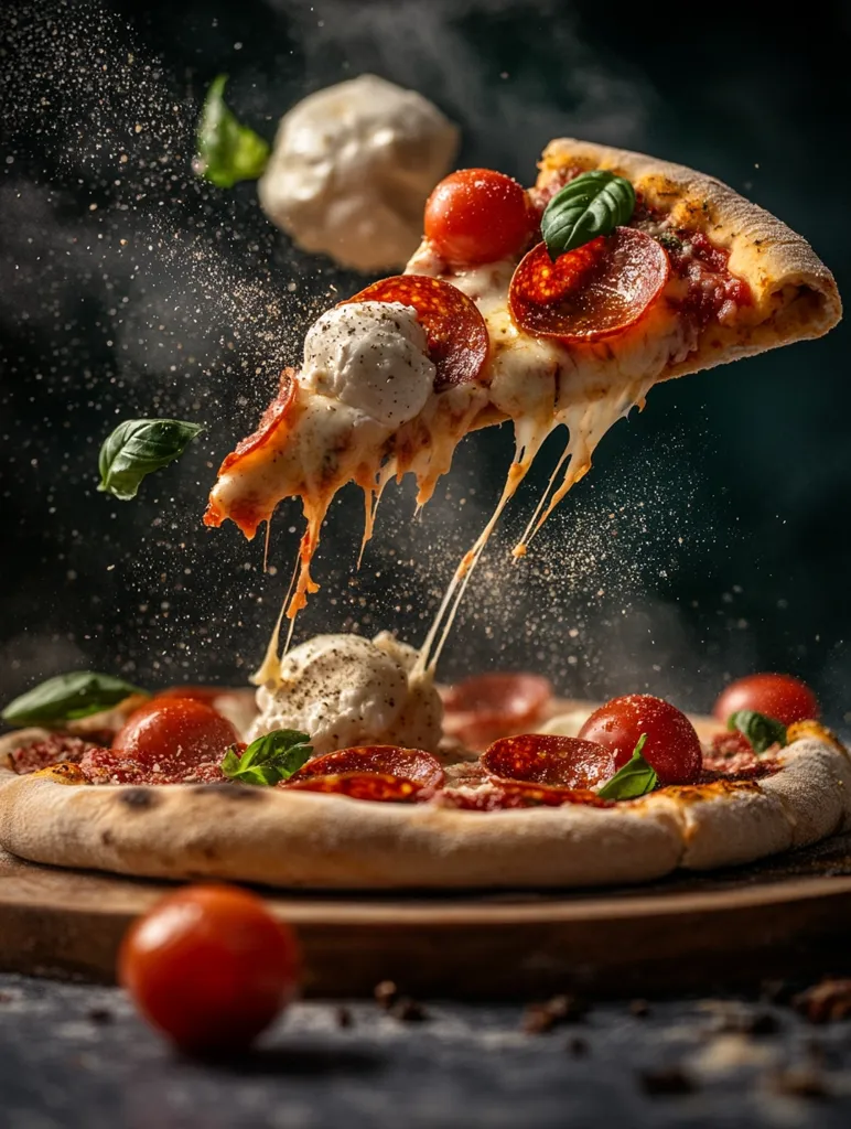 A delicious pepperoni pizza is captured mid-air, cheese stretching dramatically.  Fresh basil leaves, juicy tomatoes, and creamy burrata adorn the pizza. The scene is dynamic, with flour and other ingredients suspended in the air, creating a visually stunning and appetizing image.  The pizza rests on a wooden board, with additional tomatoes scattered nearby.