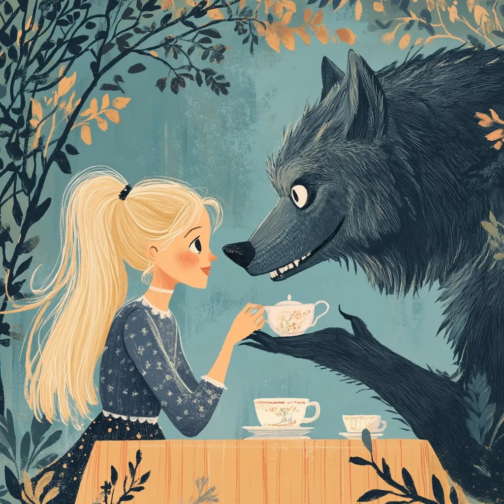 A whimsical illustration depicts a young girl with long blonde hair sharing tea with a large, friendly-looking wolf.  They sit at a small table in a forest setting, under leafy branches.  The girl's dress is blue and patterned, contrasting with the wolf's dark gray fur.  The scene evokes a fairytale atmosphere, suggesting a unique friendship or an unexpected encounter.  The style is soft and slightly melancholic.