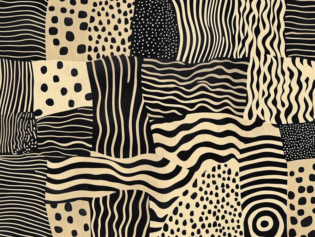 An abstract patchwork design in black and beige features a variety of patterns.  Stripes of varying widths and wave patterns are interspersed with sections of polka dots and pebble-like shapes. The overall effect is a bold, textured, and visually stimulating composition with a modern aesthetic.  The patterns are seamlessly integrated, creating a cohesive and dynamic visual.