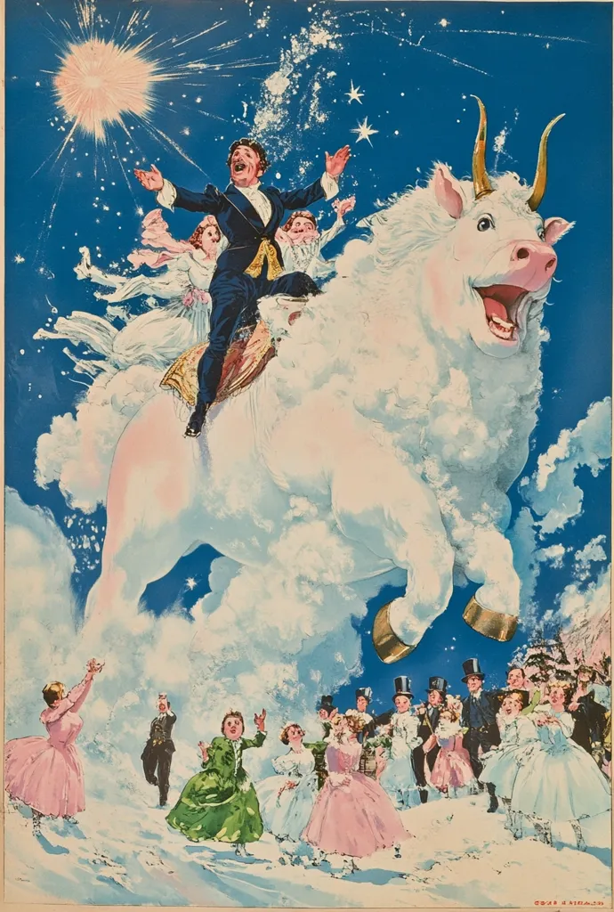 A whimsical illustration depicts a man in formal attire riding a large, fluffy white pig through a starry night sky.  Accompanying him are figures in white dresses, while below, a group of people in period clothing watch in wonder as fireworks explode in the distance. The scene is set against a backdrop of clouds and stars, creating a fantastical and celebratory atmosphere.