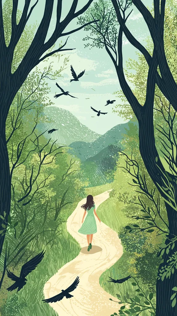 A woman in a mint green dress walks down a winding path through a lush green forest.  Birds fly overhead against a backdrop of rolling hills and a soft, light sky. The scene is serene and evokes a sense of journey and peaceful solitude within nature. Tall trees frame the path, creating a natural archway leading the viewer's eye towards the distant mountains.