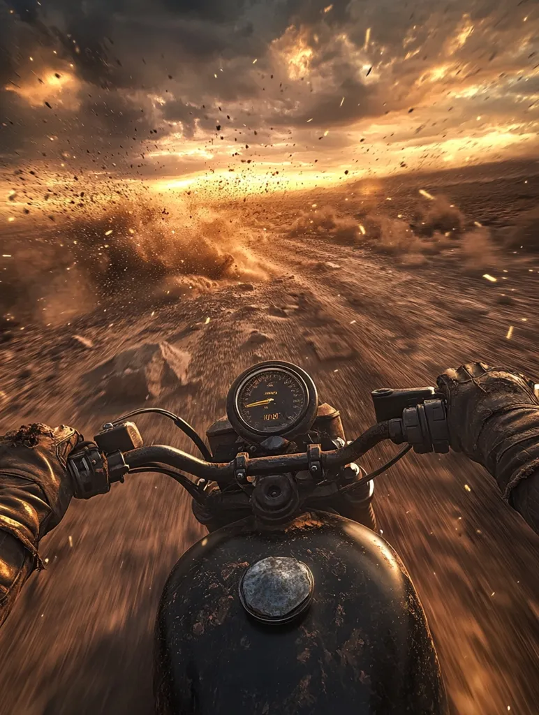 A first-person view of a dirt bike speeding across a desert landscape at sunset.  Dust and debris explode from the wheels, creating a dynamic and powerful image. The sun casts a warm glow on the scene, highlighting the gritty texture of the bike and the rugged terrain. The rider's gloved hands grip the handlebars, showcasing a sense of speed and adventure.