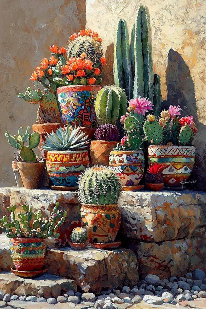 A vibrant still life depicts a collection of cacti and succulents in colorful, hand-painted pots.  Arranged on a stone staircase bathed in sunlight, the scene showcases a variety of cacti sizes and shapes, including blooming specimens.  The pots are adorned with intricate designs, creating a visually striking contrast with the textures of the plants and stones. The overall effect is one of warmth and Southwestern charm.