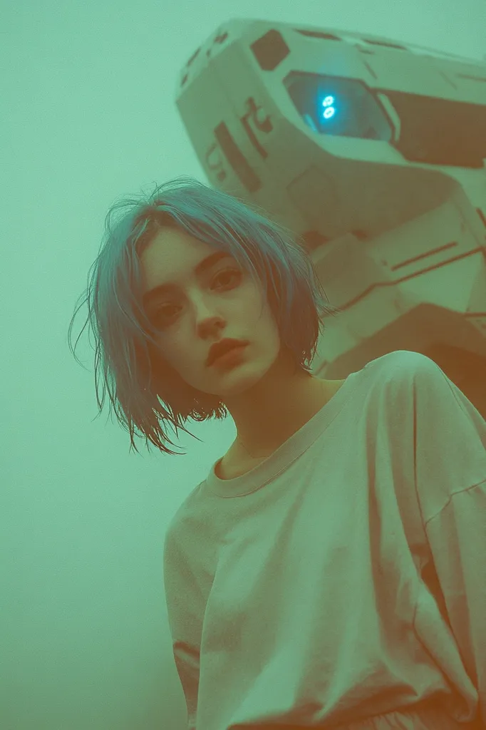 A young woman with short, wet, blue hair stands before a large, imposing, white robotic structure.  The scene is bathed in a muted, teal-green light, creating a futuristic, somewhat melancholic atmosphere. The woman wears a simple, light-colored long-sleeved shirt, her expression is pensive and her gaze is directed slightly away from the camera. The overall feel is one of science fiction and introspection.
