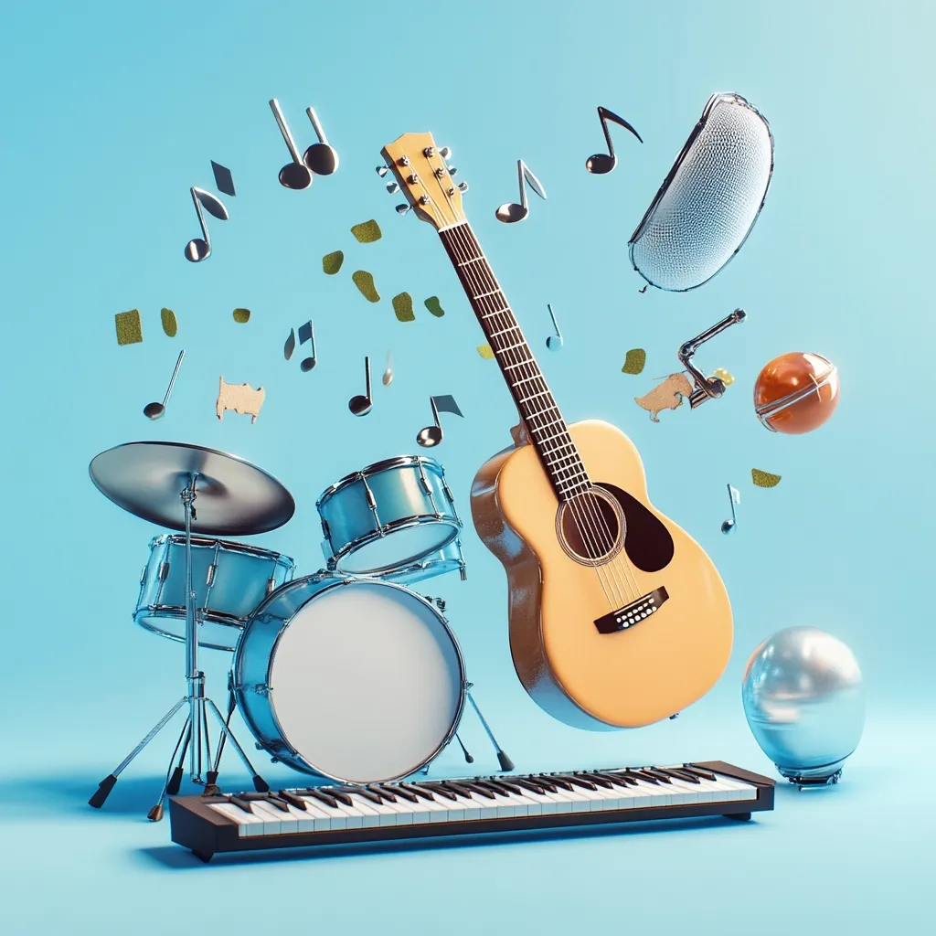 A vibrant 3D rendering showcases a collection of musical instruments seemingly floating against a light blue backdrop.  A central acoustic guitar takes center stage, surrounded by a drum kit, keyboard, microphone, and musical notes playfully scattered in the air.  The scene evokes a joyful, energetic atmosphere celebrating music.  A metallic sphere adds a unique visual element to the composition.