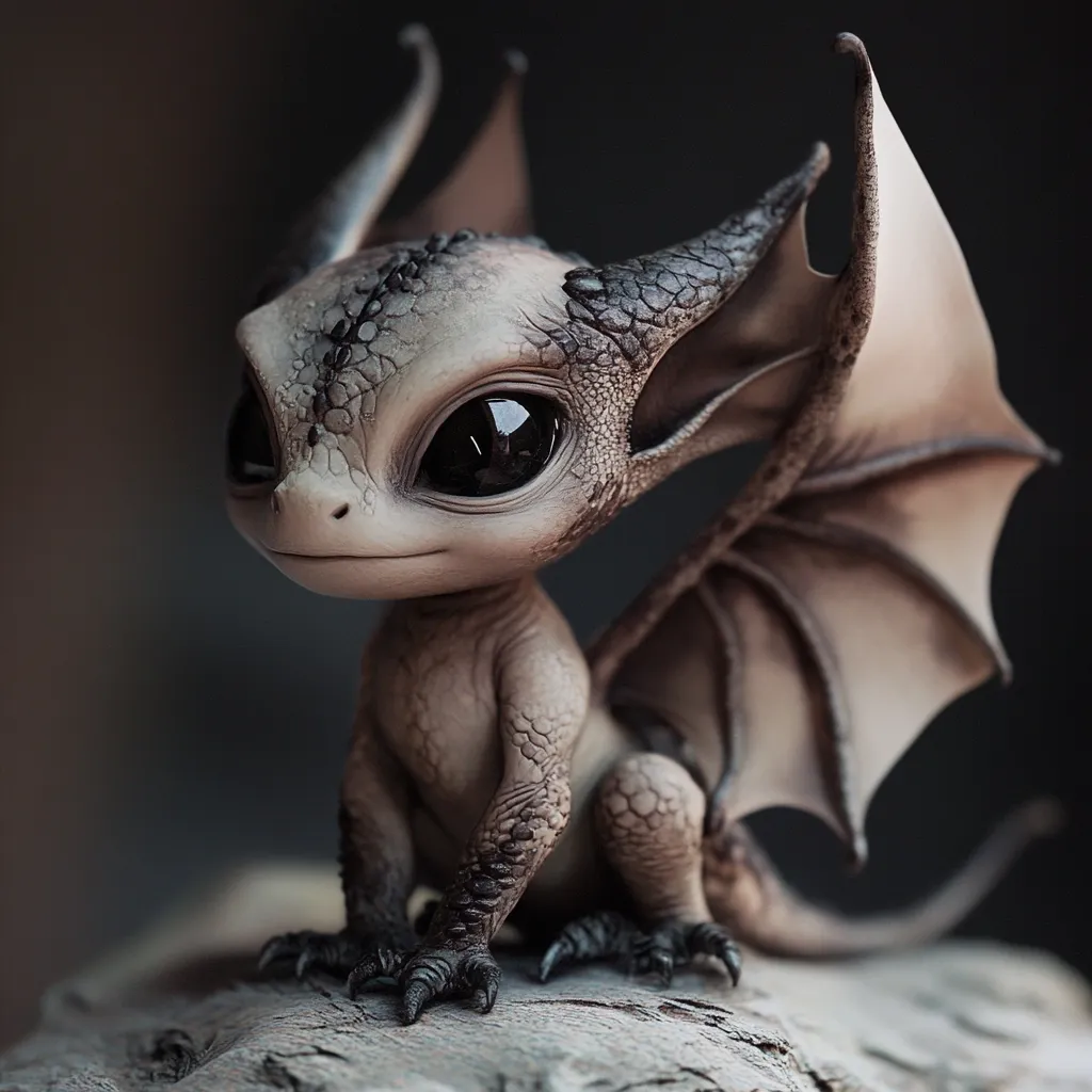 A meticulously crafted miniature dragon figurine is captured in a close-up shot.  Its grayish-tan skin displays intricate texturing, complemented by large, expressive black eyes.  Small horns and delicate, outstretched wings enhance its charming yet slightly ominous appearance.  The dragon sits perched on a rough-textured surface, possibly stone or wood, against a blurred dark background, emphasizing the figurine's detailed craftsmanship.