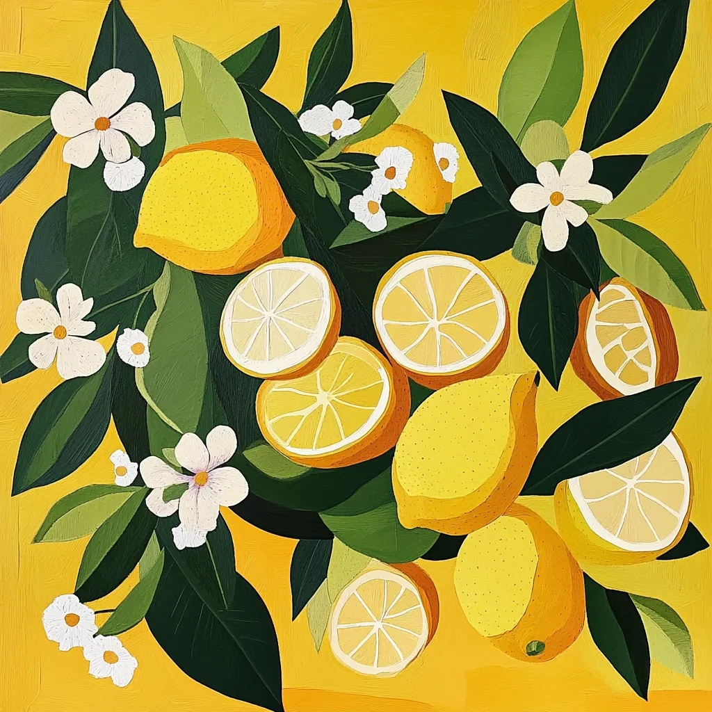 A vibrant painting depicts a profusion of lemons and lemon blossoms against a sunny yellow backdrop.  Whole lemons, lemon slices, and lush green leaves are arranged artfully, creating a sense of abundance. Delicate white flowers punctuate the composition, adding a touch of elegance to this cheerful, citrus-filled scene. The style is bold and graphic, with a stylized representation of the fruit and foliage.
