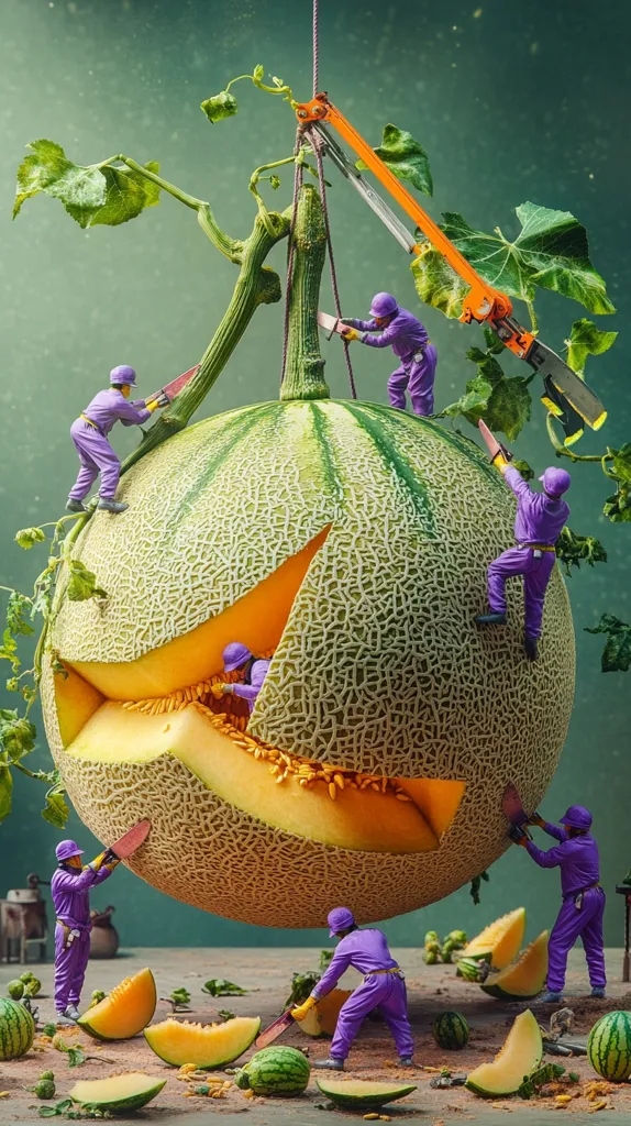 Miniature workers in purple overalls harvest a giant cantaloupe.  Using saws and a crane, they carefully cut and section the enormous fruit.  Smaller cantaloupes and watermelons are scattered on the ground, showcasing the scale of the colossal melon and the whimsical nature of the scene.  The backdrop is a muted green, enhancing the surreal quality of the image.