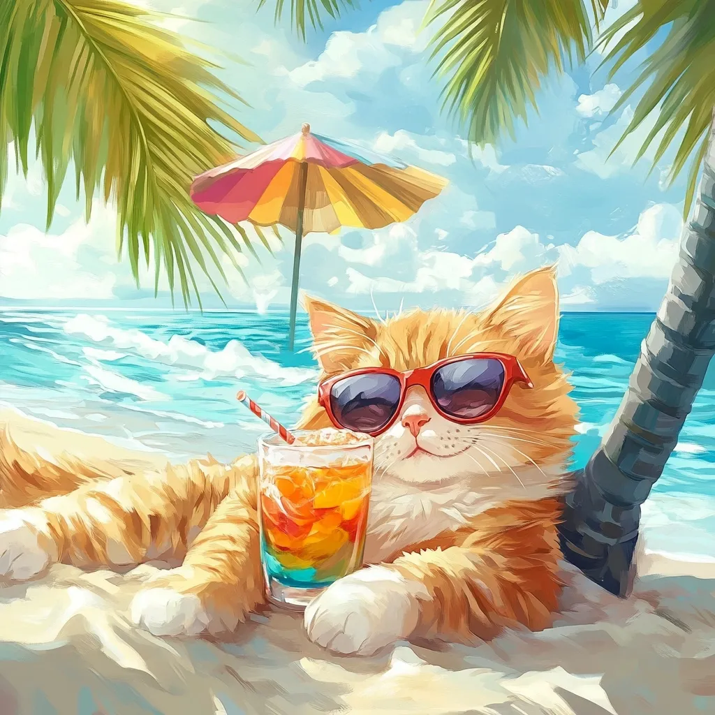 A fluffy orange cat, wearing sunglasses, lounges on a sandy beach under a palm tree.  A colorful beach umbrella provides shade nearby.  The cat contentedly holds a refreshing layered drink with a straw.  The ocean waves gently lap the shore in the background, creating a serene and idyllic summer scene.