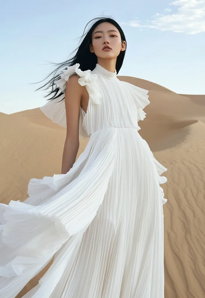 A model with long black hair poses in a flowing white pleated maxi dress. The dress features ruffled sleeves and a high neck.  The setting is a sandy desert landscape under a clear blue sky. The dress billows gently in the breeze, creating a dramatic and elegant effect against the stark desert background.
