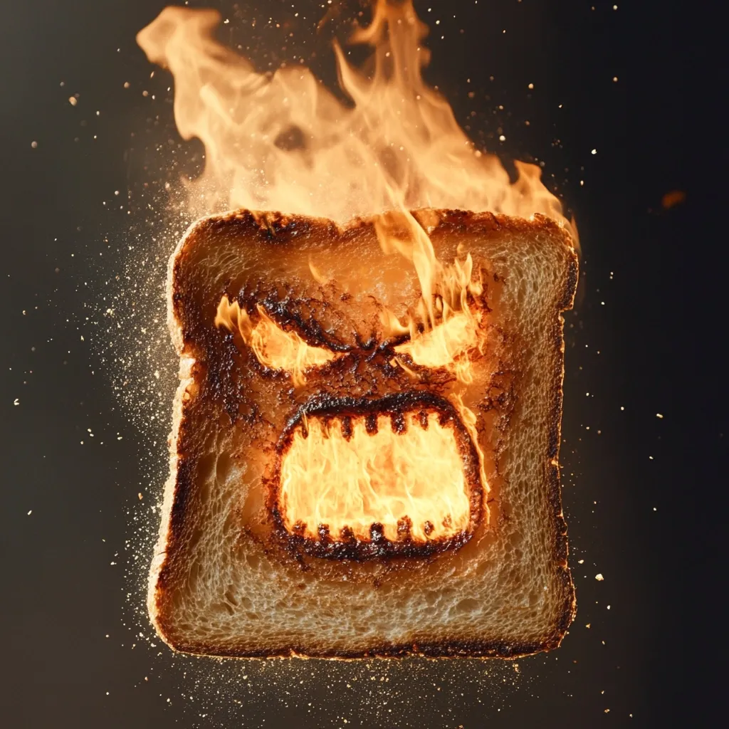 A slice of bread engulfed in flames reveals a fiery, angry face.  The intense heat has charred the bread, creating the menacing expression.  Sparks and crumbs fly as the bread burns, creating a dramatic and surreal image against a dark background.  The contrast between the ordinary bread and the extraordinary fire makes for a striking visual.