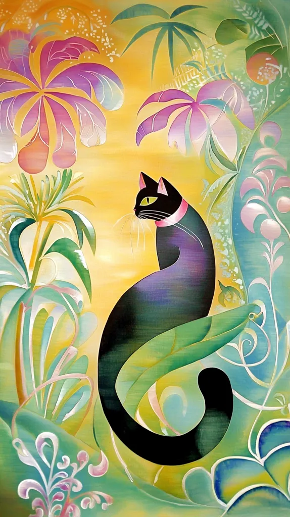 A stylized black cat with a pink collar sits amidst a vibrant, tropical garden.  The artwork features bold colors and flowing lines, depicting stylized flowers and foliage in shades of green, yellow, purple, and pink. The cat's form is sleek and elegant, contrasting with the lush, almost abstract background. The overall style is reminiscent of Art Nouveau or Art Deco, with a whimsical and decorative feel.