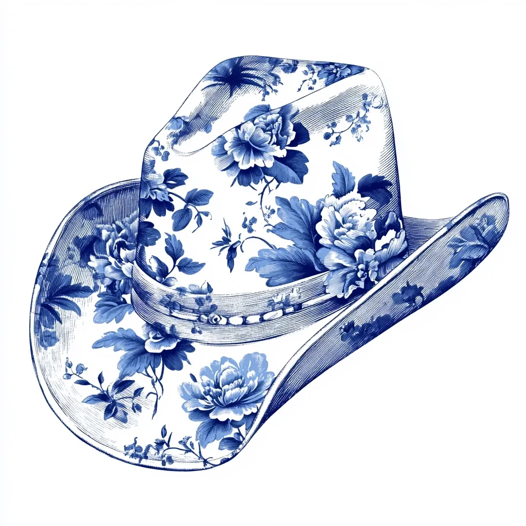 A blue and white cowboy hat is depicted, adorned with a delicate floral pattern reminiscent of Delftware china.  Large peonies and smaller blossoms are intricately detailed against a white background. The hat's brim is wide, and the crown is slightly pinched. The overall style is elegant and feminine, contrasting the traditionally masculine silhouette of a cowboy hat.