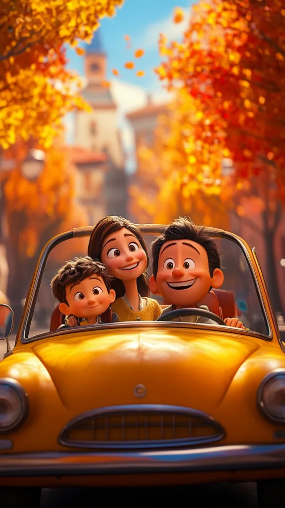 A happy animated family of three—mom, dad, and a young son—are joyously riding in a cheerful yellow vintage car.  Autumn leaves fall around them as they drive down a picturesque street lined with vibrant trees. The background features a charming, out-of-focus village. The scene evokes a feeling of warmth, family, and autumnal delight.