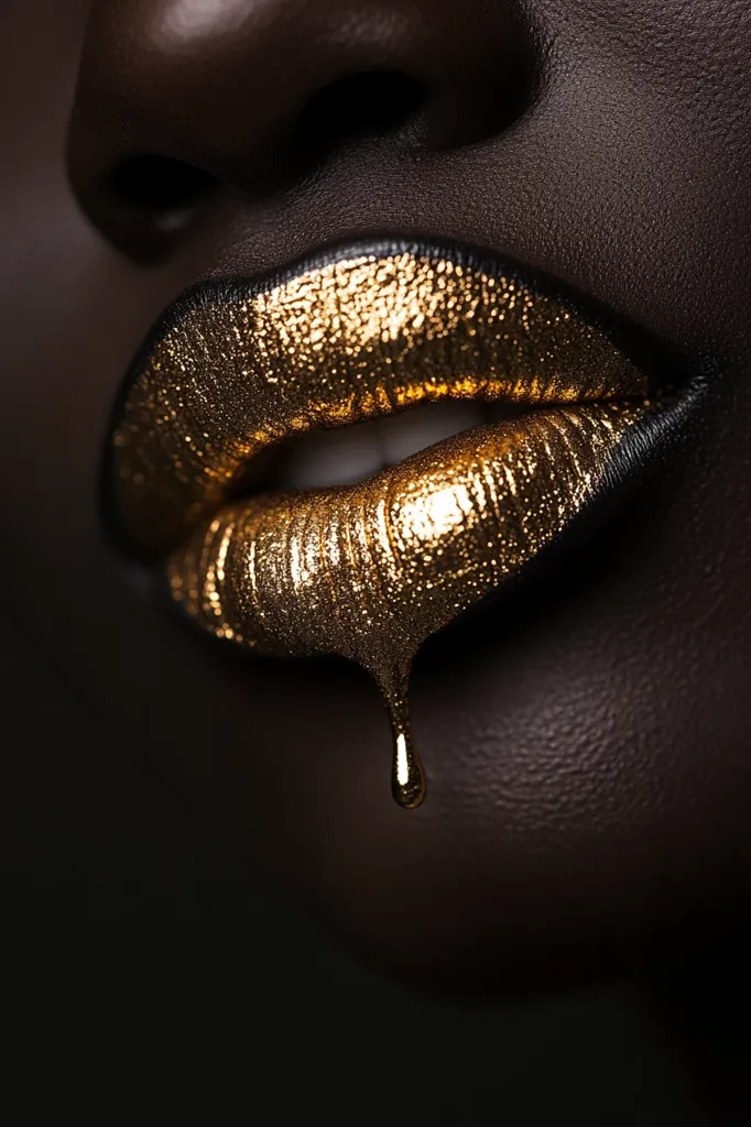 A close-up shot reveals a person's lips adorned with shimmering gold lipstick.  The metallic sheen is richly textured, and a single drop of the lipstick gracefully drips from the bottom lip.  The dark skin contrasts beautifully with the opulent gold, creating a dramatic and luxurious visual effect. The overall image is one of bold beauty and striking contrast.