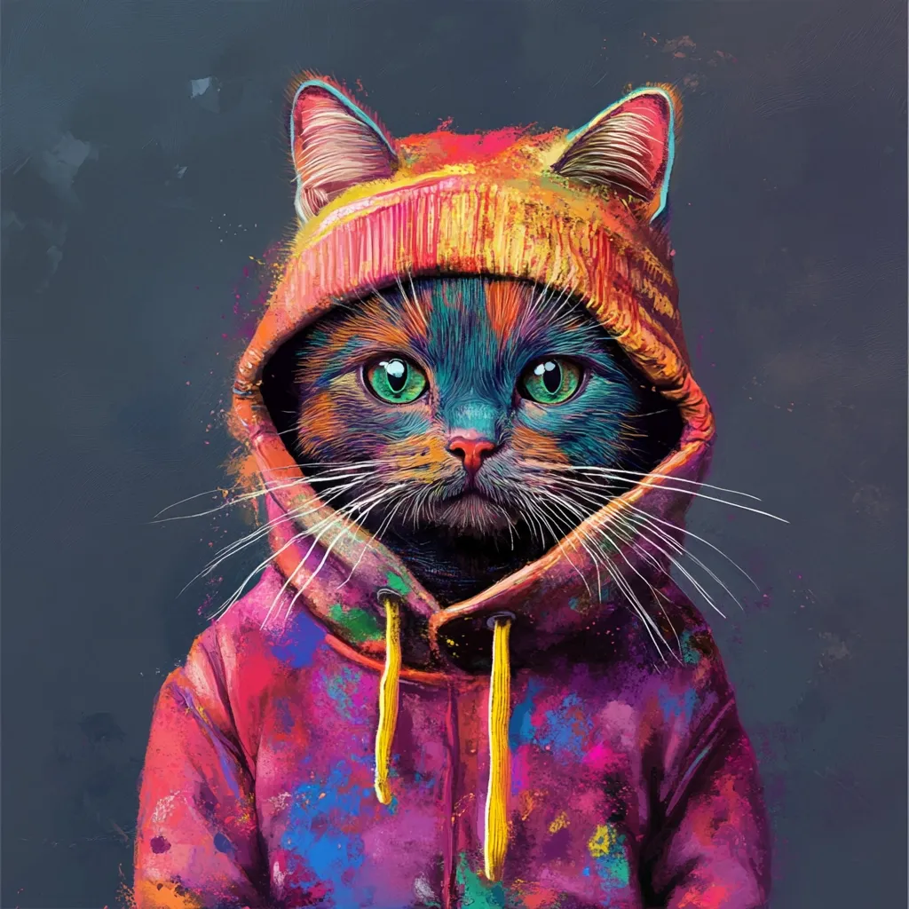 A vibrant digital painting showcases a cat wearing a colorful hoodie. The cat's fur is rendered in shades of teal, orange, and brown, contrasting with the bright pink, purple, and yellow hues of its clothing.  Its green eyes are striking, and its expression is serious and captivating. The hoodie's vibrant paint splatters add to the artwork's energetic and modern aesthetic.