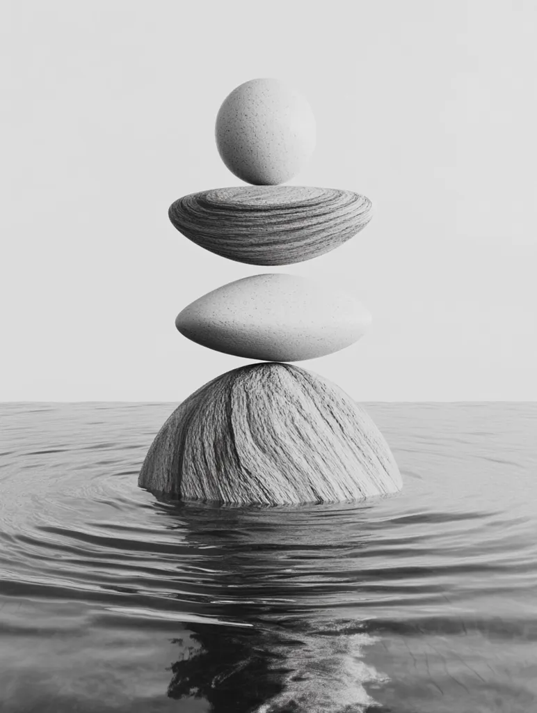 A grayscale image showcases a serene stack of four stones delicately balanced atop each other.  The bottom stone rests on calm water, creating gentle ripples.  The stones vary in shape and texture, exhibiting a smooth top stone and more textured lower stones.  The overall composition evokes a sense of tranquility and balance.