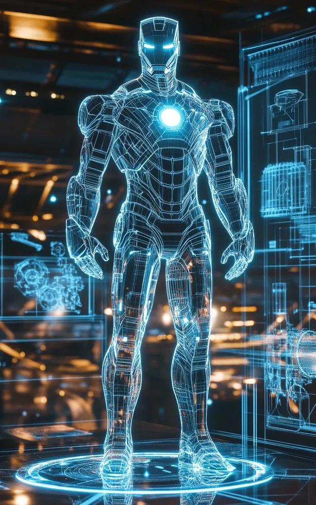 A digital rendering of Iron Man stands on a glowing circular platform.  His form is depicted as a wireframe, glowing bright blue, with internal schematics displayed on surrounding screens. The background is a blurred, futuristic industrial setting, enhancing the technological feel of the image.  The overall effect is one of high-tech design and advanced digital artistry.