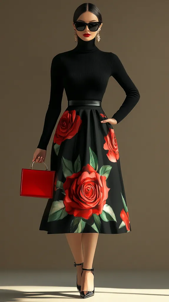 A stylish woman in a black turtleneck and a midi skirt adorned with large red roses.  She accessorizes with black sunglasses, gold earrings, a black belt, a red handbag, and black ankle-strap heels.  The overall look is chic and sophisticated, with a bold floral print adding a touch of romance.  The image is well-lit, highlighting the details of her outfit and accessories.