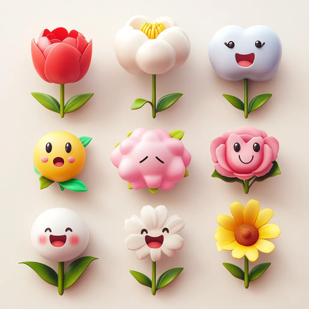 Nine adorable cartoon flowers, each with a unique expression and shape, are arranged in a grid.  They include a tulip, camellia, cloud-like flower, rose, and more, all rendered in 3D with bright colors and playful faces.  The flowers display a range of emotions, from happy and surprised to slightly sad, creating a cheerful and whimsical scene.