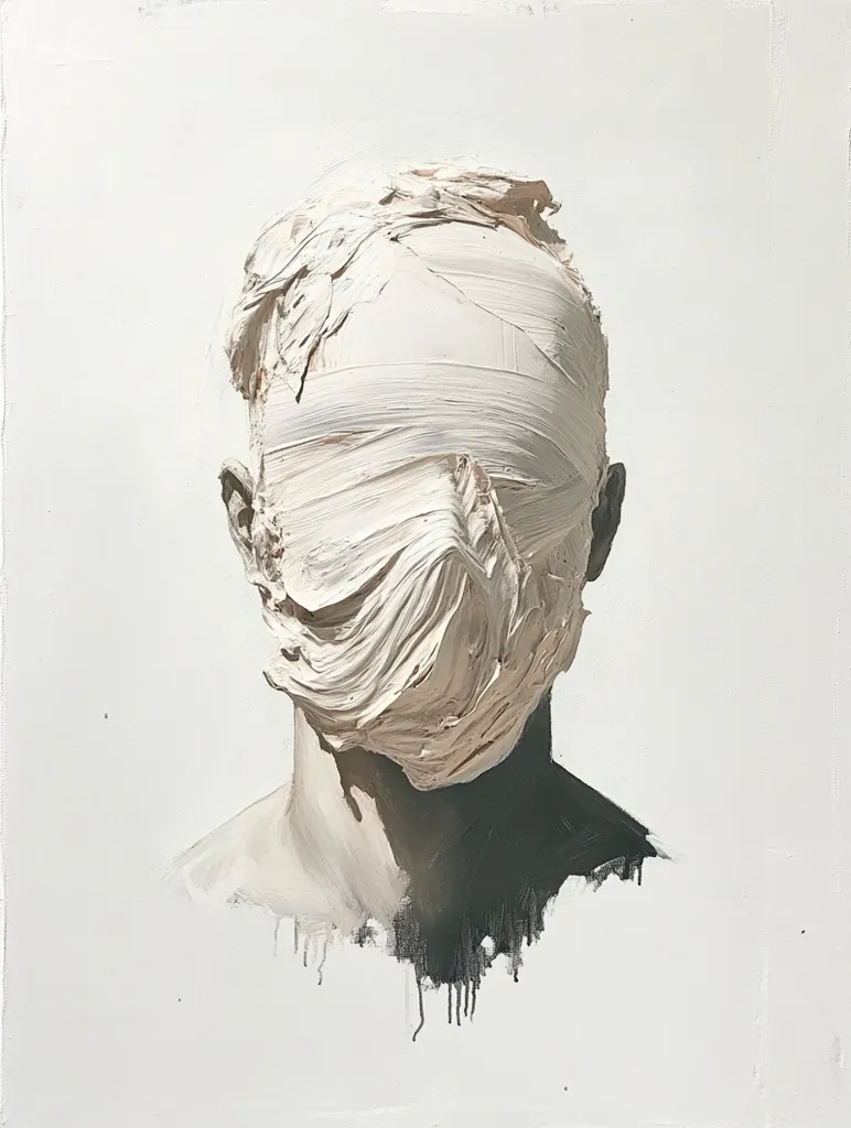A monochromatic painting depicts a human figure, their face obscured by thick, textured layers of off-white paint, resembling a mask or bandage.  The impasto technique creates a three-dimensional effect, emphasizing the concealment of the identity. The figure's shoulders and neck are visible, rendered in a similar palette, against a stark white background. The overall impression is one of mystery and hidden identity.