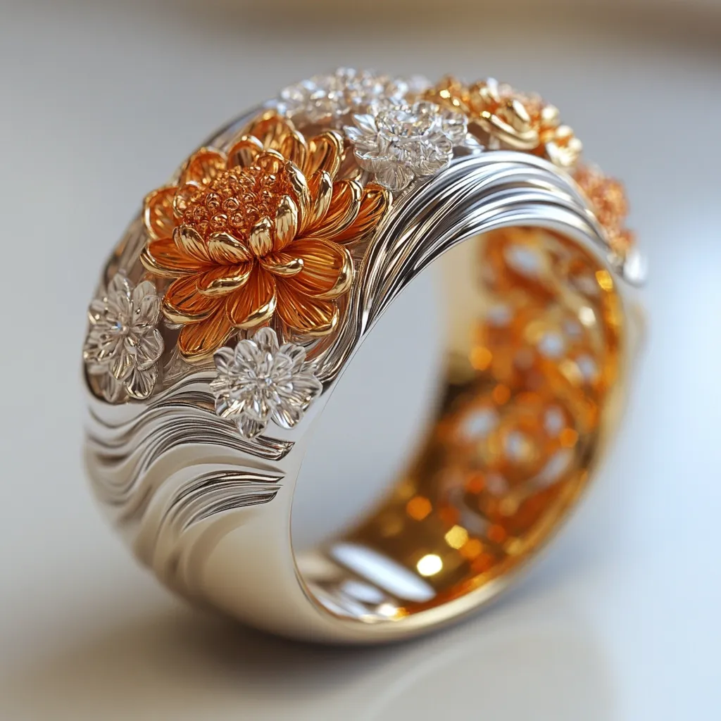 A wide gold and silver ring is adorned with intricately detailed floral designs.  Gold chrysanthemums are prominently featured, interspersed with smaller silver blossoms. The band itself showcases a flowing wave pattern, adding texture and visual interest. The ring's design is both elegant and opulent, suggesting a high level of craftsmanship.