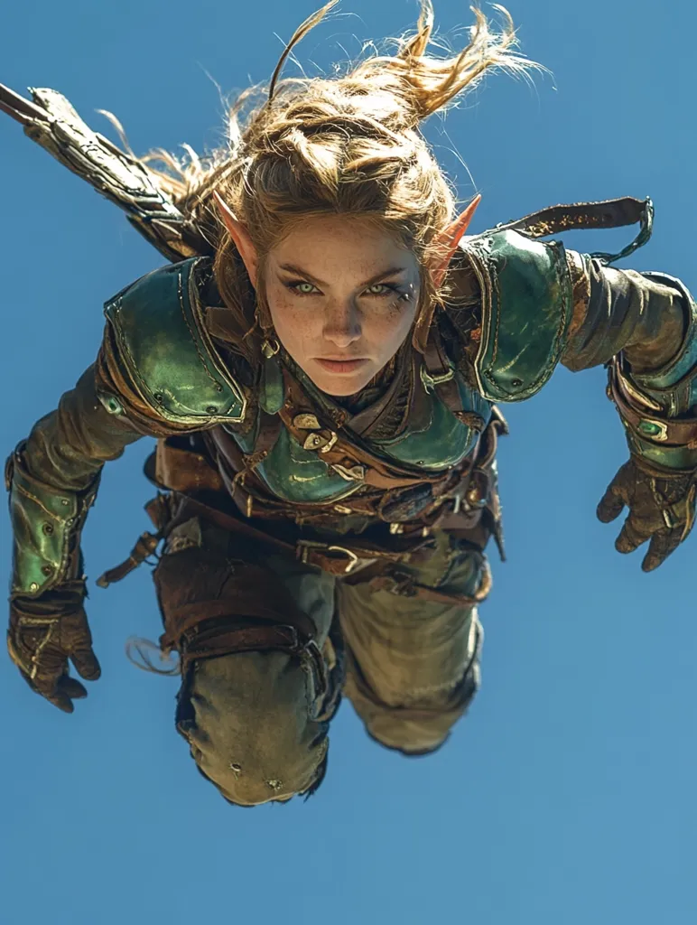 A female elf warrior, clad in weathered leather and teal armor, plunges from the sky.  Her pointed ears and fierce expression are visible against the clear blue backdrop.  Her hair streams behind her as she falls, a quiver and bow partially visible.  The image projects power and determination.