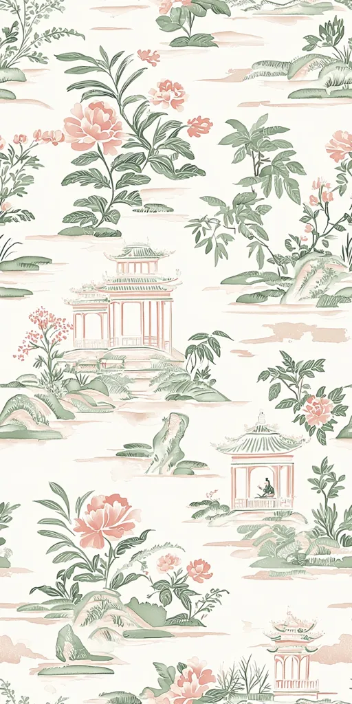 A delicate floral pattern featuring soft pink peonies and sage green foliage is set against a creamy white background.  Traditional Chinese-style pagodas and stylized landscapes are interspersed amongst the blooms, creating a serene and elegant design reminiscent of Chinoiserie.  The overall effect is one of tranquil beauty and understated sophistication.