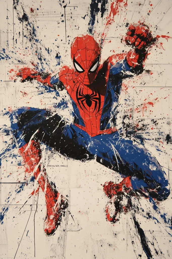 A dynamic artwork depicts Spider-Man in mid-leap, his red and blue suit splashed with vibrant paint splatters.  The energetic style emphasizes movement and action, with the background a chaotic mix of red, blue, and white.  The overall effect is a powerful and visually striking image of the iconic superhero.