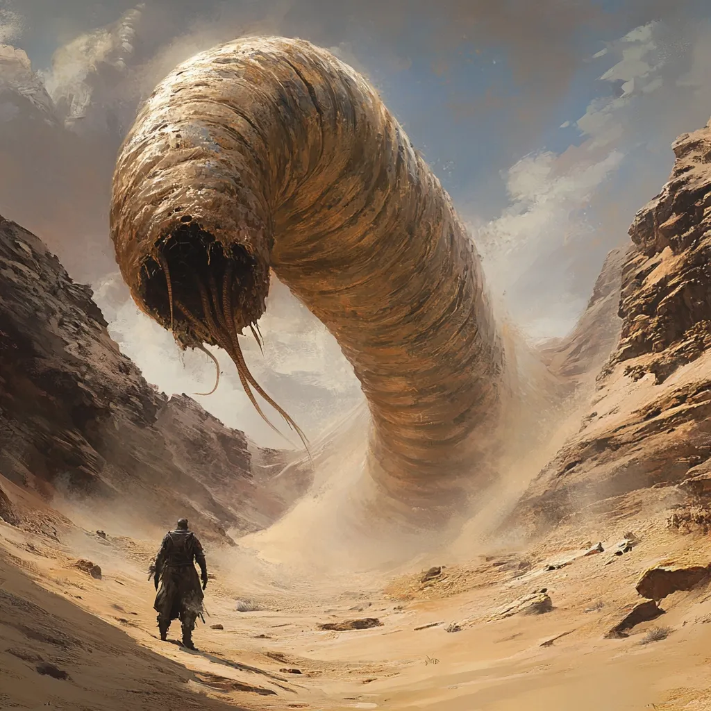A colossal, sand-colored worm, its segmented body arching across a desolate canyon, dominates the scene.  Its textured skin appears ancient and weathered. A lone figure, clad in dark clothing, stands in the foreground, dwarfed by the immense creature. The setting is a stark, windswept desert landscape of sand and rock formations under a cloudy sky.  The overall mood is one of epic scale and impending danger.